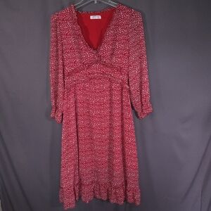 Mopogoss Chiffon Ruffle Dress Size Large Red and White Leopard Print Long Sleeve
